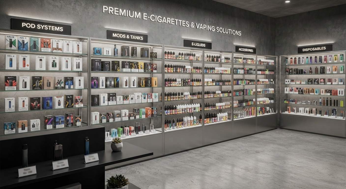 台灣電子煙線上購買商城產品分類展示架,涵蓋註油主機、換彈式空倉、煙油、拋棄式與周邊配件